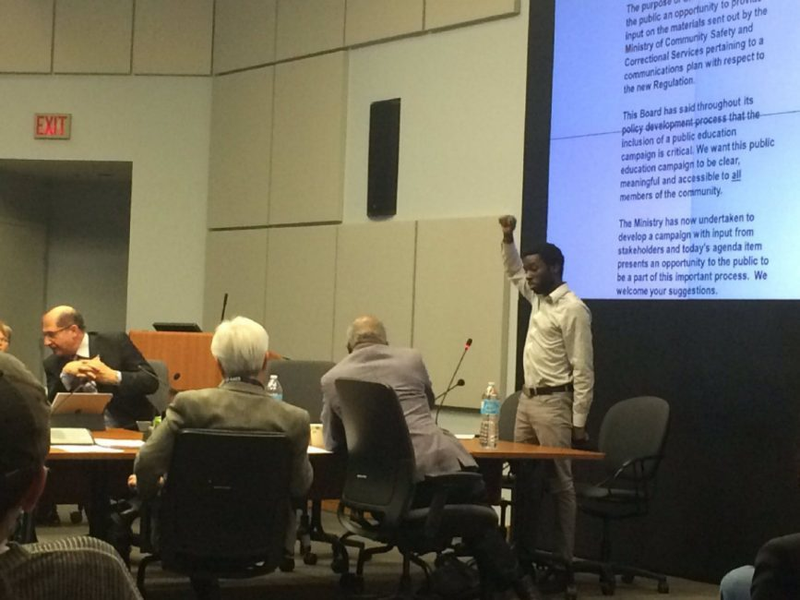 A meeting of the Toronto Police Services Board was adjourned abruptly April 20 when journalist and activist Desmond Cole refused to leave in protest of the decision police made to retain data collected through the controversial practice of “carding,” stopping people on the street and recording their personal information in a database. (Wendy Gillis/Toronto Star)